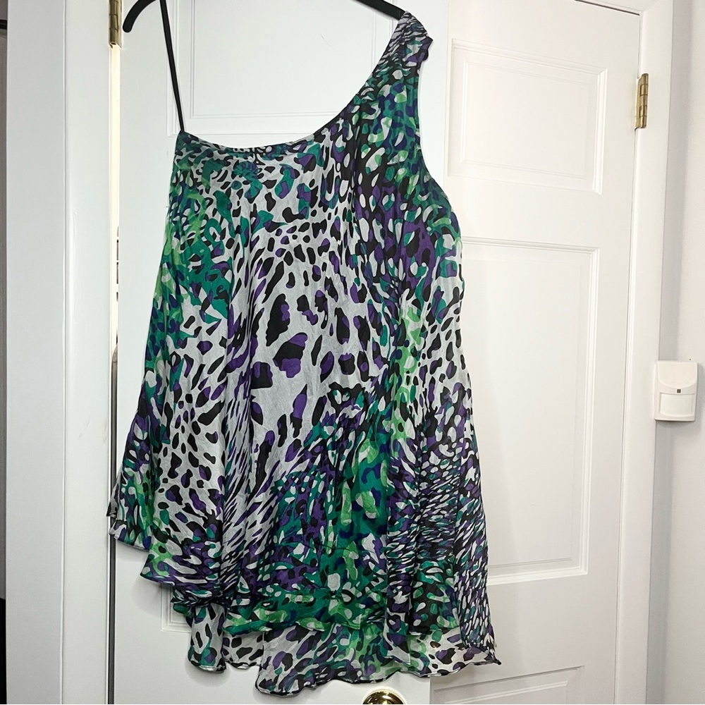 KAS New York 100% Silk Multicolor Asymmetrical Abstract Print Cocktail Dress